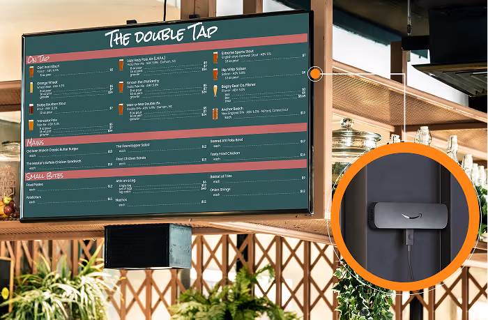 Menu board titled The Double Tap displaying drinks, mains, and small bites