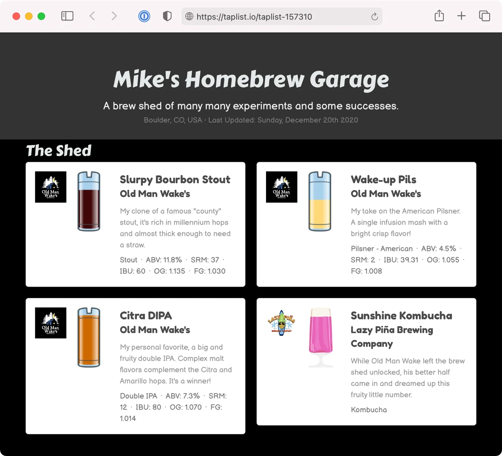 A beverage menu web page