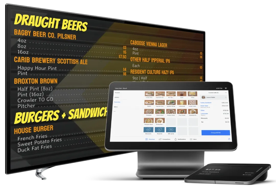 A brewer menu shown on a full-screen TV, with a laptop showing the Taplist.io management dashboard.