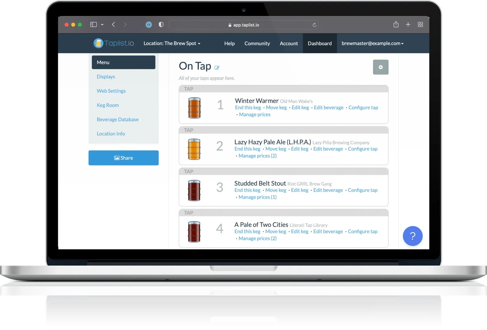 A beverage menu web page